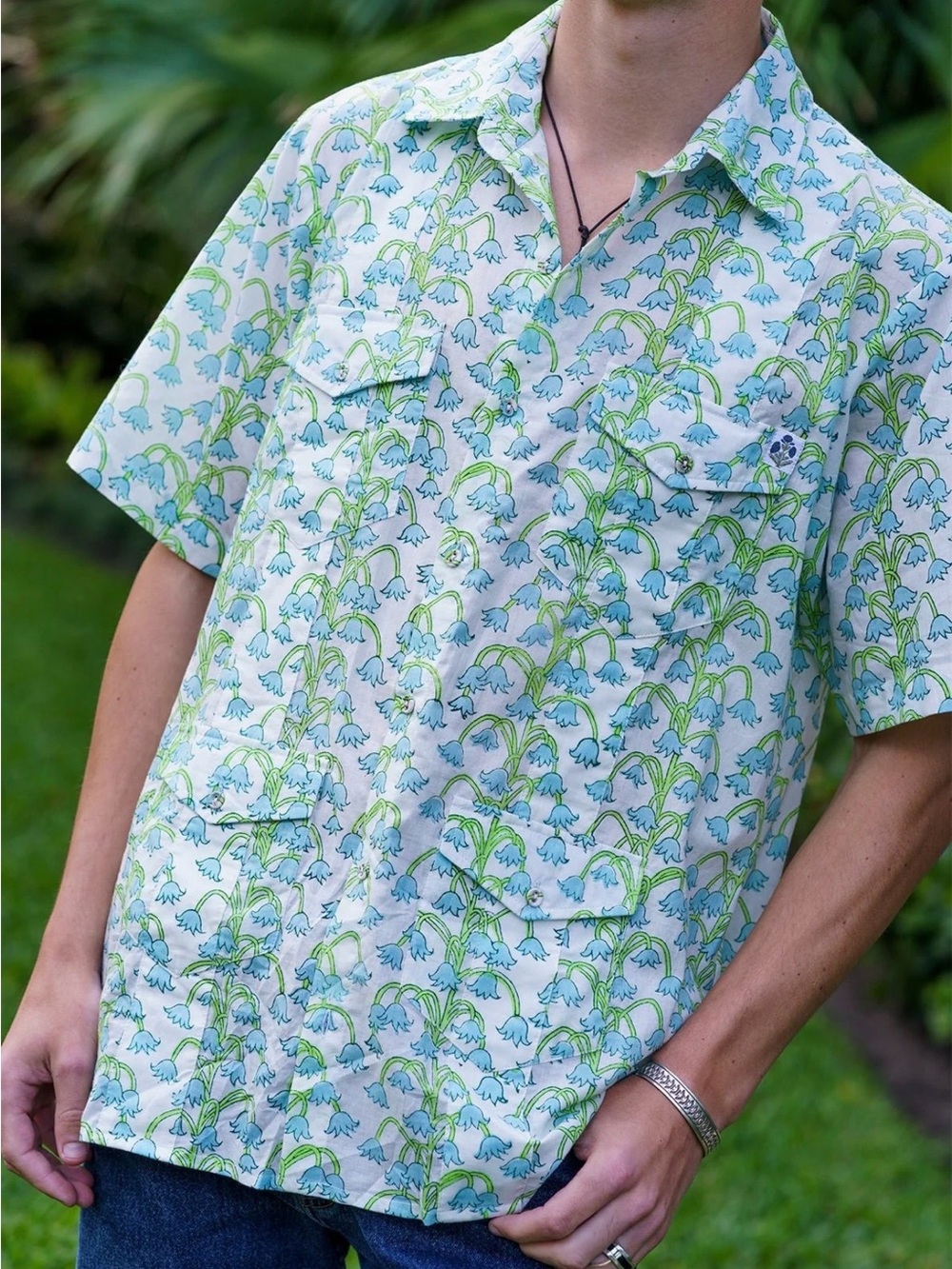 Sue Sartor Floral Button Down Shirt Blue Green Sz S NWT